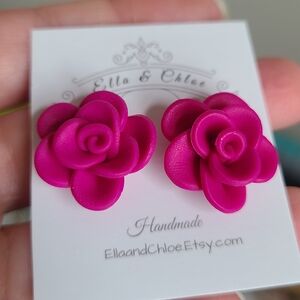 Bright Chunky Floral Fuschia Bright Pink Flower Stud Earrings